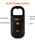 Close-up of black Pet Microchip Reader With D Ring Included For Easy Carry Portable RFID Scanner displaying OLED screen details.