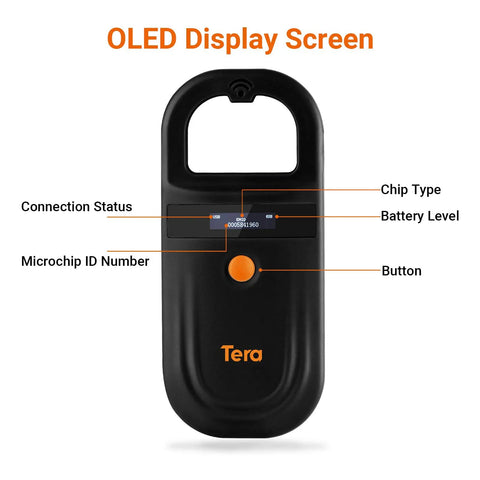 Close-up of black Pet Microchip Reader With D Ring Included For Easy Carry Portable RFID Scanner displaying OLED screen details.