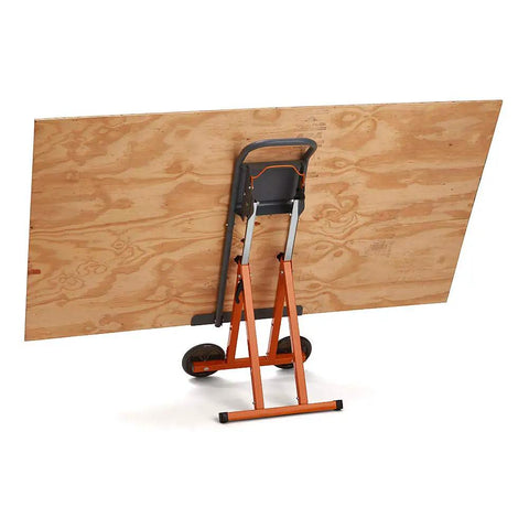 Next Gen Panel Carrier and Panel Dolly with 4x8 sheet, metal frame, 7-inch wheels, adjustable height from 28 to 38 inches