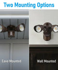 Eave and wall mounted Three Color Temp LED Security Light with Motion Sensor for Outdoor Use, Aluminum Bronze Finish.
