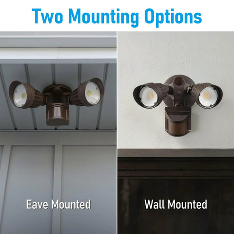 Eave and wall mounted Three Color Temp LED Security Light with Motion Sensor for Outdoor Use, Aluminum Bronze Finish.