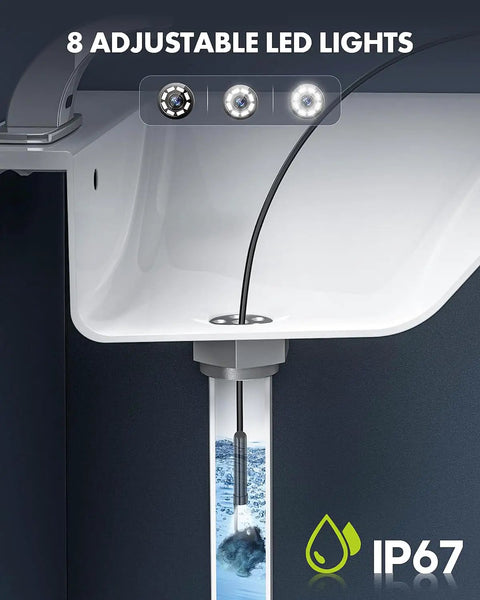 Type C Endoscope Camera With Light 1080P HD Borescope with 8 Adjustable LED Lights inspecting under a sink pipe, IP67 waterproof.