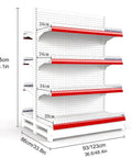Top Shelf Double Sided Gondola Shelving Display Featuring Adjustable Four Tier Store Shelves For Retail Grocery And Liquor Center Island Premium Steel Commercial Rack Straight Up Built Solid Heavy Lifter Setup, 135cm tall.