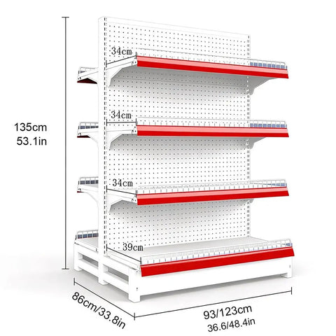 Top Shelf Double Sided Gondola Shelving Display Featuring Adjustable Four Tier Store Shelves For Retail Grocery And Liquor Center Island Premium Steel Commercial Rack Straight Up Built Solid Heavy Lifter Setup, 135cm tall.