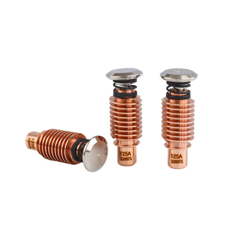 Three 20Pcs 220971 And 20Pcs 220975 Electrodes 125A Nozzle Tips for PMX125 Plasma Cutter shown in copper and steel.