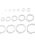 External Retaining Ring Set 150 Pcs In 15 Sizes 304 Stainless Steel Circlip Snap Rings Kit arranged by size on white background