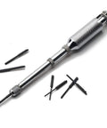 9 Inch Classic Yankee Push Drill Kit With Eight Double Fluted Bits Chrome Plated Brass Hand Drill No Chuck Needed Compact Mini Tool For Tight Spots And Small Holes Ideal For Woodworking Diy Projects shown with drill and bits.