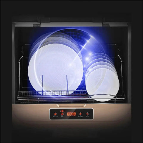 Smart Portable Countertop Dishwasher With Automatic Disinfect Cycle showing white plates inside its cleaning cycle.