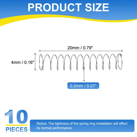 Side view of 10 pieces stainless steel compression springs; 4 mm OD, 0.2 mm wire, 20 mm long, silver.