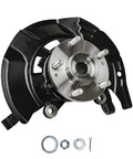 Front Right Steering Knuckle And Wheel Hub Bearing Assembly For 2011 Hyundai Sonata 2.4L With Sport Suspension Passenger Side Replacement Direct Fit OEM Grade Quality Bolt In Everyday Driver Ready, shown disassembled against white background.