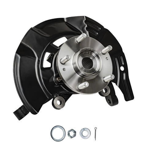 Front Right Steering Knuckle And Wheel Hub Bearing Assembly For 2011 Hyundai Sonata 2.4L With Sport Suspension Passenger Side Replacement Direct Fit OEM Grade Quality Bolt In Everyday Driver Ready, shown disassembled against white background.