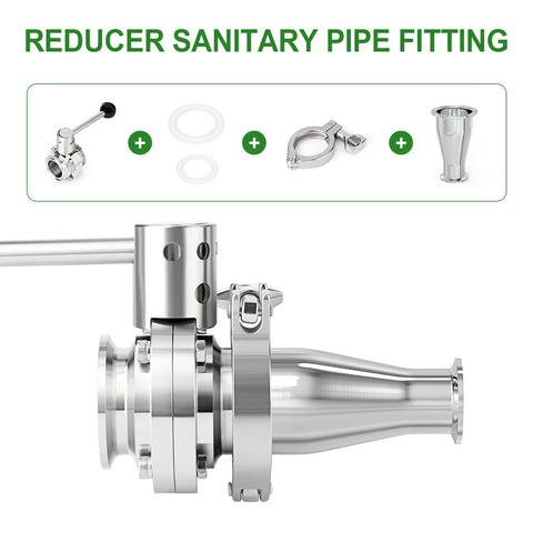 Front view of TAISHER 304 stainless steel sanitary reducer with 3in to 2in tri-clamp ends and gasket kit