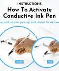 Instructions on how to activate conductive ink pen from Draw Circuits With Conductive Ink Pen Kit, 11 Electronic Sticker Modules, And A 27 Lesson Workbook For Hands On DIY STEM Fun For Curious Makers, Ages 8 Plus, Turning Paper Crafts Into Glowing Buzzing Motor Powered Projects.