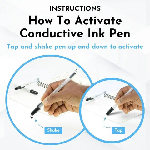 Instructions on how to activate conductive ink pen from Draw Circuits With Conductive Ink Pen Kit, 11 Electronic Sticker Modules, And A 27 Lesson Workbook For Hands On DIY STEM Fun For Curious Makers, Ages 8 Plus, Turning Paper Crafts Into Glowing Buzzing Motor Powered Projects.