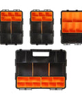 Four Piece Hardware Organizer Set With Three Different Sized Boxes For Bolts Screws Nails Nuts And Small Parts Built Tough In Black And Orange PP Plastic For Your Garage And Workshop