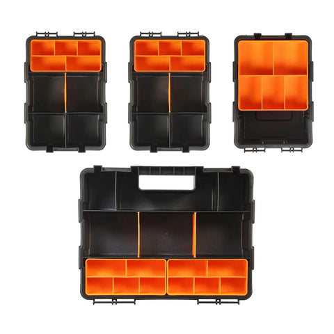 Four Piece Hardware Organizer Set With Three Different Sized Boxes For Bolts Screws Nails Nuts And Small Parts Built Tough In Black And Orange PP Plastic For Your Garage And Workshop
