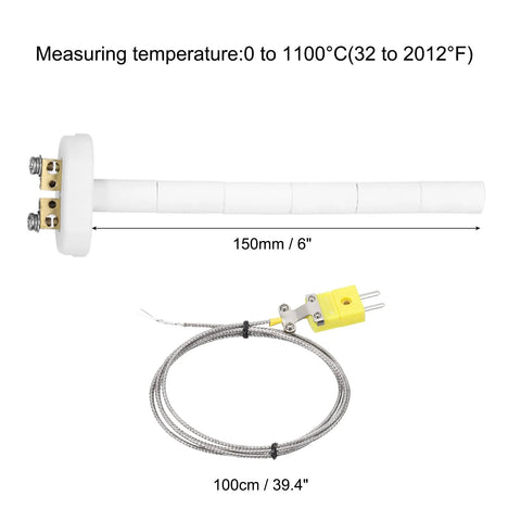 Two-piece kiln thermocouple kit: 6-inch white ceramic K-type probe with braided 100 cm wire and yellow 2-pin plug.