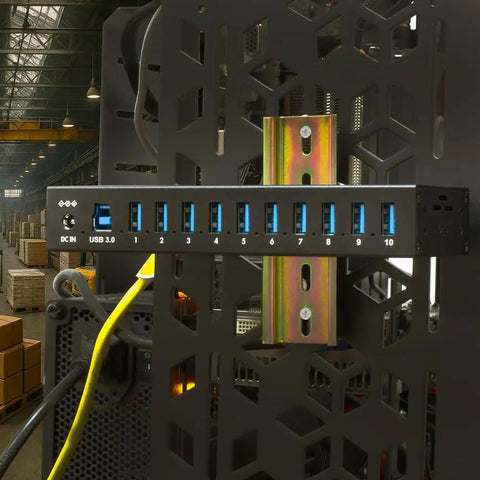 Industrial USB 3.0 Hub With 10 Ports, Heavy-Duty Metal Mountable Design, attached to industrial equipment, side view