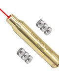 Range Ready Red Dot Laser Bore Sight for 300 Win Mag with batteries, brass casing, and laser emission, safe Class IIIA laser