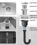 Outdoor Kitchen Sink With Hose Hookup And Stainless Steel Prep Table showing drain assembly components.