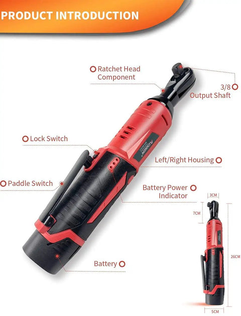 Diagram of 12V Electric Ratchet Wrench Set 3 By 8 Inch Drive showing ratchet head, lock switch, and battery components.