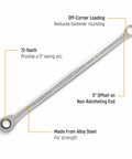 17 Piece XL Gear Box Double Box End Ratcheting Wrench Set Metric For Pros Off Corner Loading For Beefy Grip Quick Size Identification Heavy Duty Chrome Finish Long Reach Ends For Tight Spaces, single wrench with features labeled