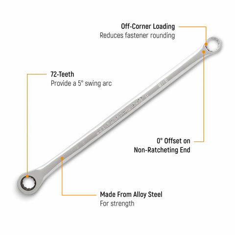 17 Piece XL Gear Box Double Box End Ratcheting Wrench Set Metric For Pros Off Corner Loading For Beefy Grip Quick Size Identification Heavy Duty Chrome Finish Long Reach Ends For Tight Spaces, single wrench with features labeled
