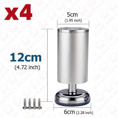 Close-up of 8 Piece Adjustable Heavy Duty Aluminum Furniture Legs Set for Sofa, including screws, 12cm height, 5cm width.