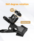 Heavy Duty Camera Mount Clip With 360 Degree Ball Head, Black Spring Clamp, demonstrating 360 degree rotation and locking knob