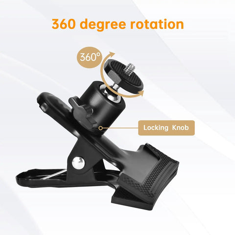 Heavy Duty Camera Mount Clip With 360 Degree Ball Head, Black Spring Clamp, demonstrating 360 degree rotation and locking knob