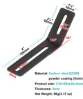 10 Pack 4 Inch Flush Inside 45 Degree Corner Brackets Black Adjustable Steel Corner Braces With Quarter Inch Slot Holes Thick One Eighth Inch Powder Coated Heavy Duty DIY Wood Or Metal Shelf Frame Support Built To Last dimensions and material details