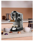Premium 20 Bar Semi Automatic Coffee Maker With Stainless Steel Frother Wand For Dreamy Espresso Cappuccino And Rich Creamy Lattes That Really Hit The Spot For Your Morning Grind brewing espresso in a stylish kitchen setup.