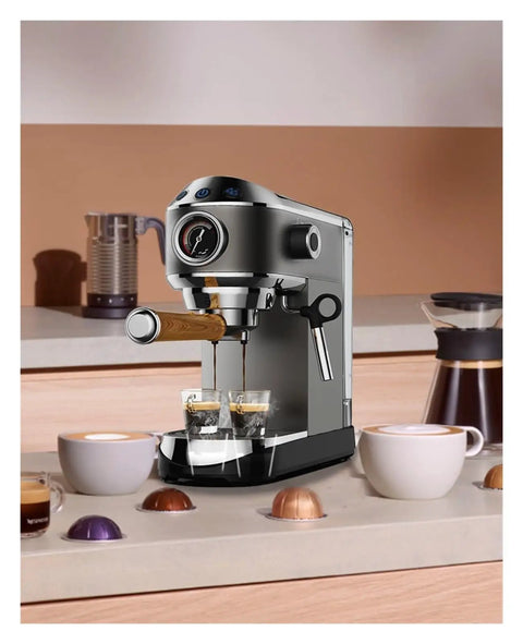 Premium 20 Bar Semi Automatic Coffee Maker With Stainless Steel Frother Wand For Dreamy Espresso Cappuccino And Rich Creamy Lattes That Really Hit The Spot For Your Morning Grind brewing espresso in a stylish kitchen setup.