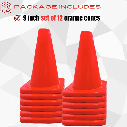 9 Inch Heavy Duty Agility Training Cones for Soccer Football Basketball and Sports Drills Set of 12 in Bright Orange High Visibility Durable PVC