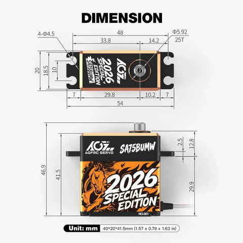 Dimensions of Beefed Up 62Kg Brushless RC Servo Motor With Full Metal Gear 0.092s High Speed At 16.8V Programmable Smart Servo