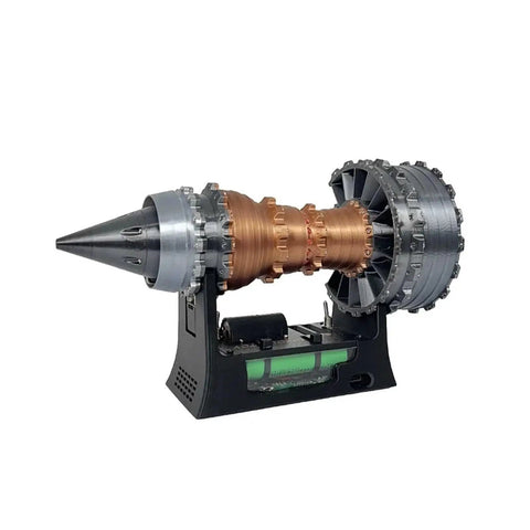 Turbojet Engine Model Kit With Brushless Motor And Thrust Reverser, Realistic Replica Details, Light Effects, And Easy Assembly For 3D Printing Process Tech Enthusiasts. 3D-printed display model on stand