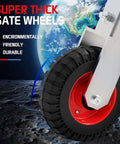 6 Inch Heavy Duty Undermount Gate Wheel Crafted From Galvanized Steel And Car Rubber Tires with a red hub and thick black tire.