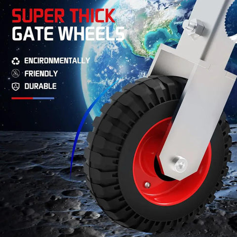 6 Inch Heavy Duty Undermount Gate Wheel Crafted From Galvanized Steel And Car Rubber Tires with a red hub and thick black tire.