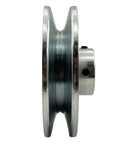 Side view of AB400 One Half Inch Bore Single Groove Web Sheave V Belt Pulley Four Inch Outer Diameter Carbon Steel Motor Pulley.