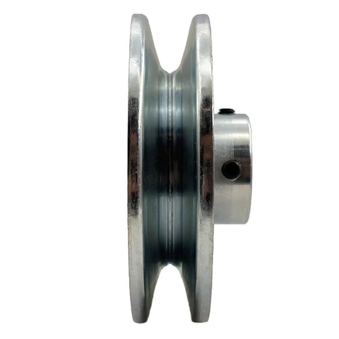 Side view of AB400 One Half Inch Bore Single Groove Web Sheave V Belt Pulley Four Inch Outer Diameter Carbon Steel Motor Pulley.