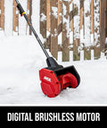 Badass Brushless 40 Volt Cordless Snow Shovel Kit with 12 Inch deck in snow, featuring a digital brushless motor design.