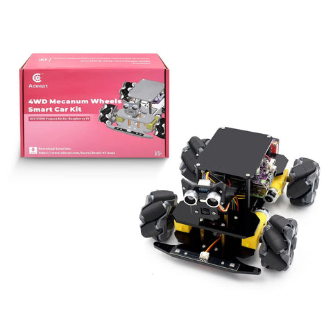 Toy kit: Adeept 4WD Mecanum Wheel Smart Car for Raspberry Pi; pink box and black four-wheeled robot chassis