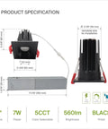 Top Shelf Square Led Recessed Downlights With Slick Integrated Junction Box Hella Bright 7 Watt 5 Way Adjust Color Changing Anti Glare Dimmable Ic Rated Ceiling Lights Matte Black Finish 24 Count product specifications showing size and features.