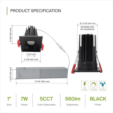 Top Shelf Square Led Recessed Downlights With Slick Integrated Junction Box Hella Bright 7 Watt 5 Way Adjust Color Changing Anti Glare Dimmable Ic Rated Ceiling Lights Matte Black Finish 24 Count product specifications showing size and features.