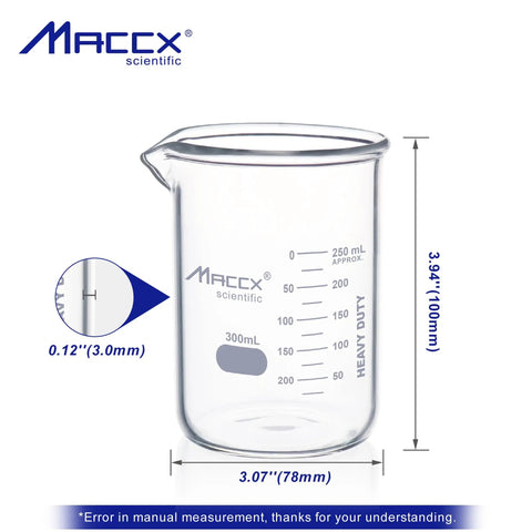 Heavy-Duty 300 Milliliter Glass Beaker Set With 3.3 Borosilicate Griffin Low Form And Printed Graduation Pack Of 6 Durable Lab Beakers For Chemistry Class Research And Everyday Kitchen Experiments, showing a single beaker with 300 ml capacity