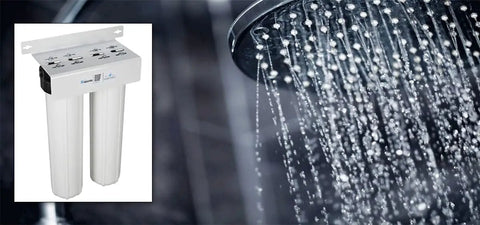Replacement Whole House Sediment Filter For Big Blue Housings, 4-Layer 25 To 1 Micron Nominal, next to a showerhead with flowing water