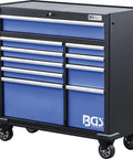 Mega Size Heavy Duty Workshop Trolley With Ten Smooth Roll Drawers shown from the front, featuring blue drawers and locked casters.