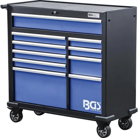 Mega Size Heavy Duty Workshop Trolley With Ten Smooth Roll Drawers shown from the front, featuring blue drawers and locked casters.