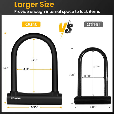 Beefy Heavy Duty 17mm U Lock With 4ft Chain And Mount Bracket For Bikes Electric Bikes Scooters Mopeds And Trikes Includes 3 Keys Anti Theft Security And Easy To Share With Family And Friends, larger U-lock size comparison