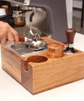 Espresso Tamping Station With Knock Box And Solid Wood Filter Holder Fits 58Mm Portafilters Keeps Countertops Pristine For A Slick Game Changer Setup, showcasing solid wood and integrated design.